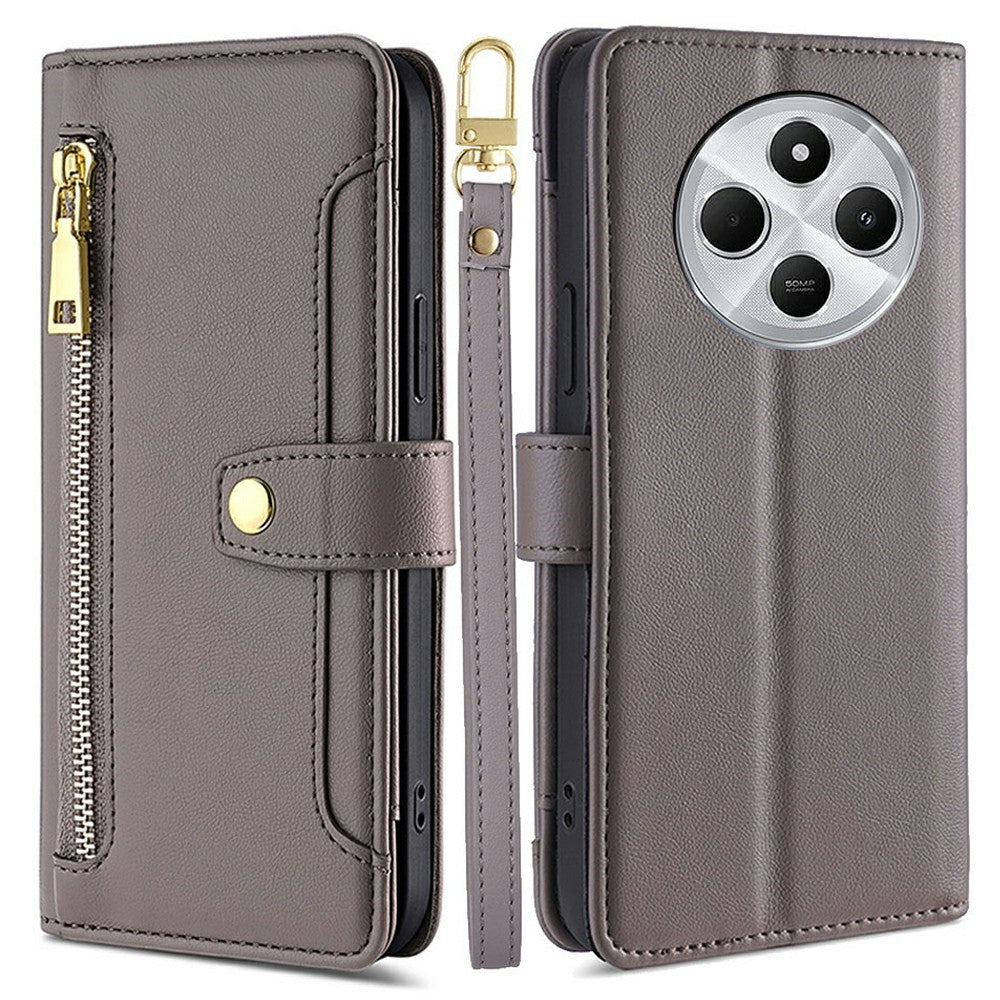 Leather Case for Xiaomi Redmi 14C 4G / 14R 5G / Poco C75 4G / A4 5G Zipper Pocket Wallet Phone Cover with 2 Straps