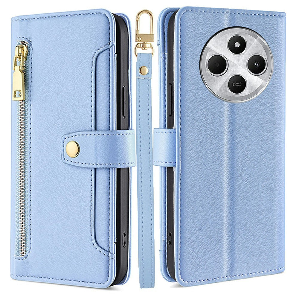 Leather Case for Xiaomi Redmi 14C 4G / 14R 5G / Poco C75 4G / A4 5G Zipper Pocket Wallet Phone Cover with 2 Straps