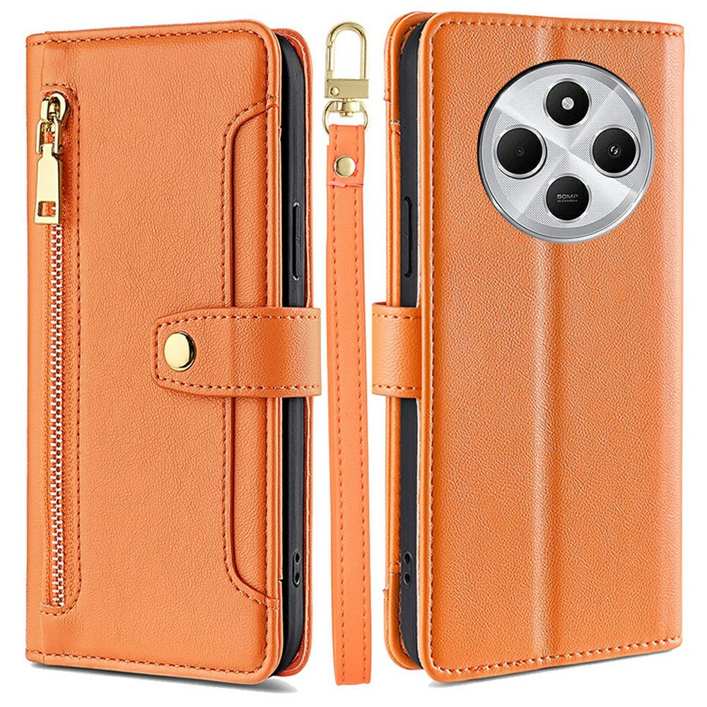 Leather Case for Xiaomi Redmi 14C 4G / 14R 5G / Poco C75 4G / A4 5G Zipper Pocket Wallet Phone Cover with 2 Straps