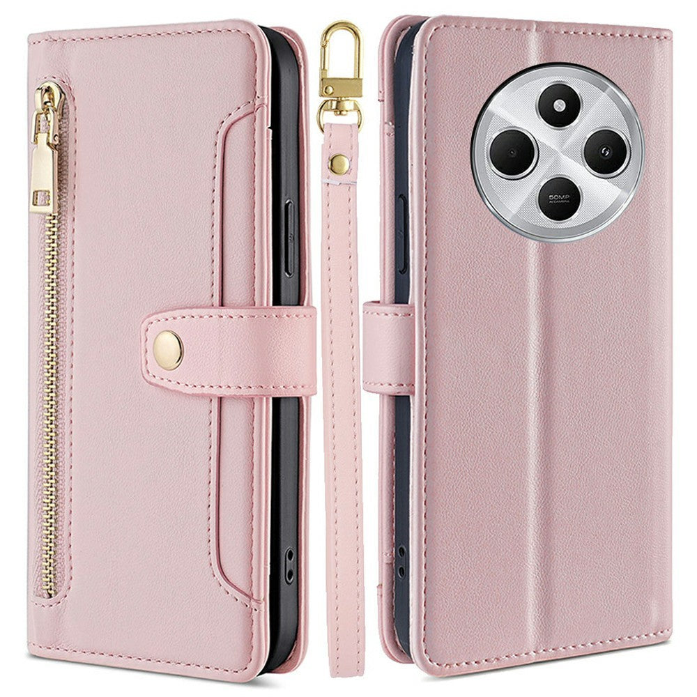 Leather Case for Xiaomi Redmi 14C 4G / 14R 5G / Poco C75 4G / A4 5G Zipper Pocket Wallet Phone Cover with 2 Straps
