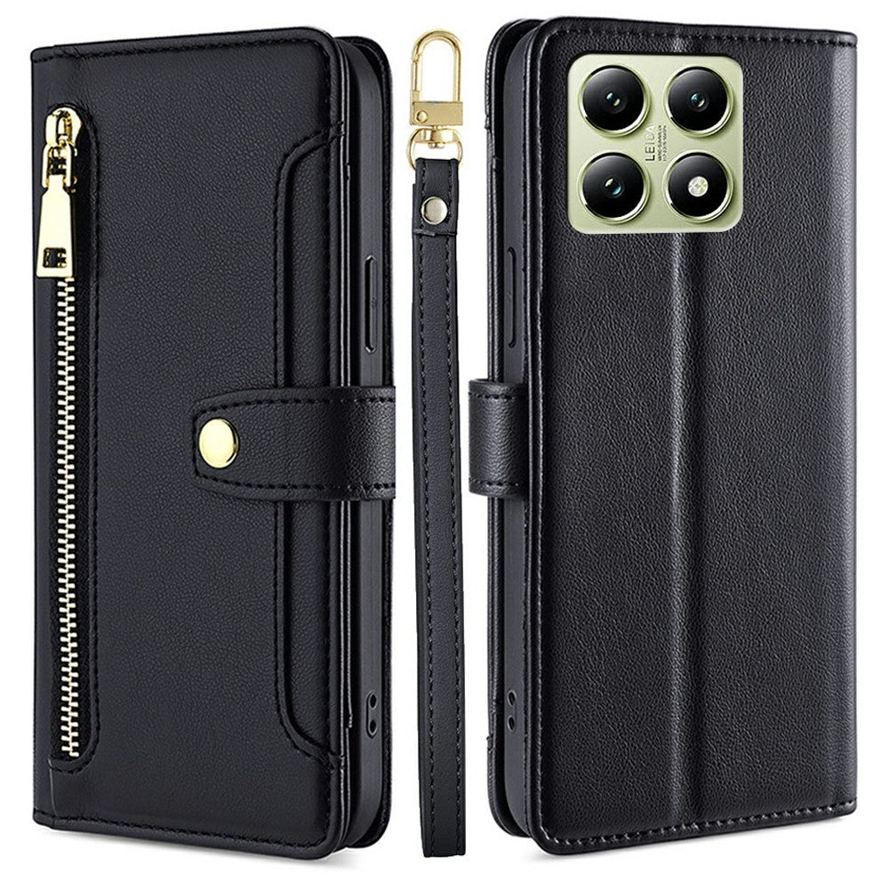 For Xiaomi 14T Leather Case Zipper Pocket Wallet Phone Cover with 2 Straps