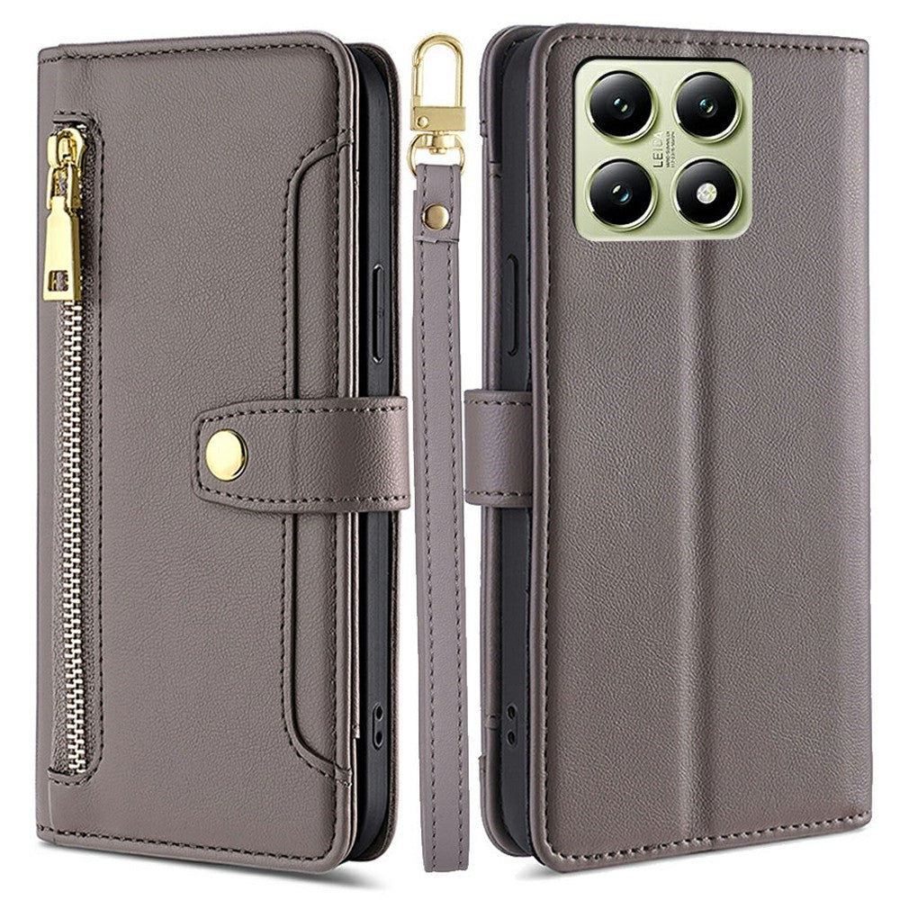 For Xiaomi 14T Leather Case Zipper Pocket Wallet Phone Cover with 2 Straps
