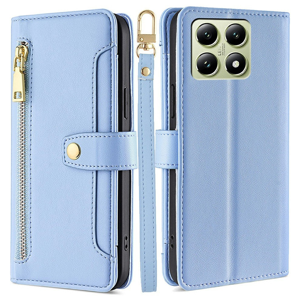 For Xiaomi 14T Leather Case Zipper Pocket Wallet Phone Cover with 2 Straps