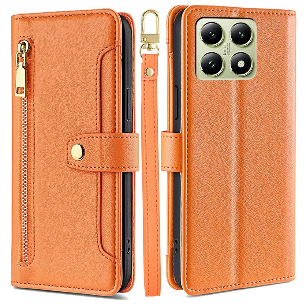 For Xiaomi 14T Leather Case Zipper Pocket Wallet Phone Cover with 2 Straps