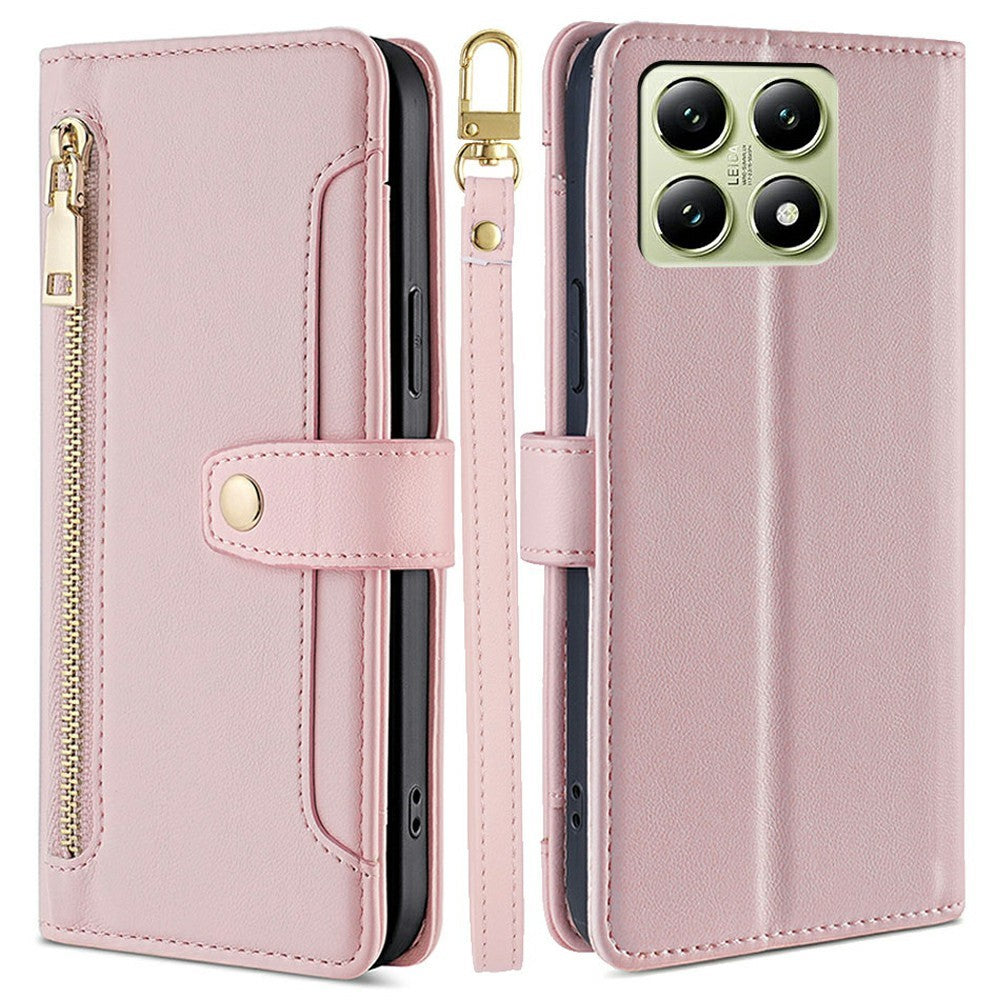 For Xiaomi 14T Leather Case Zipper Pocket Wallet Phone Cover with 2 Straps