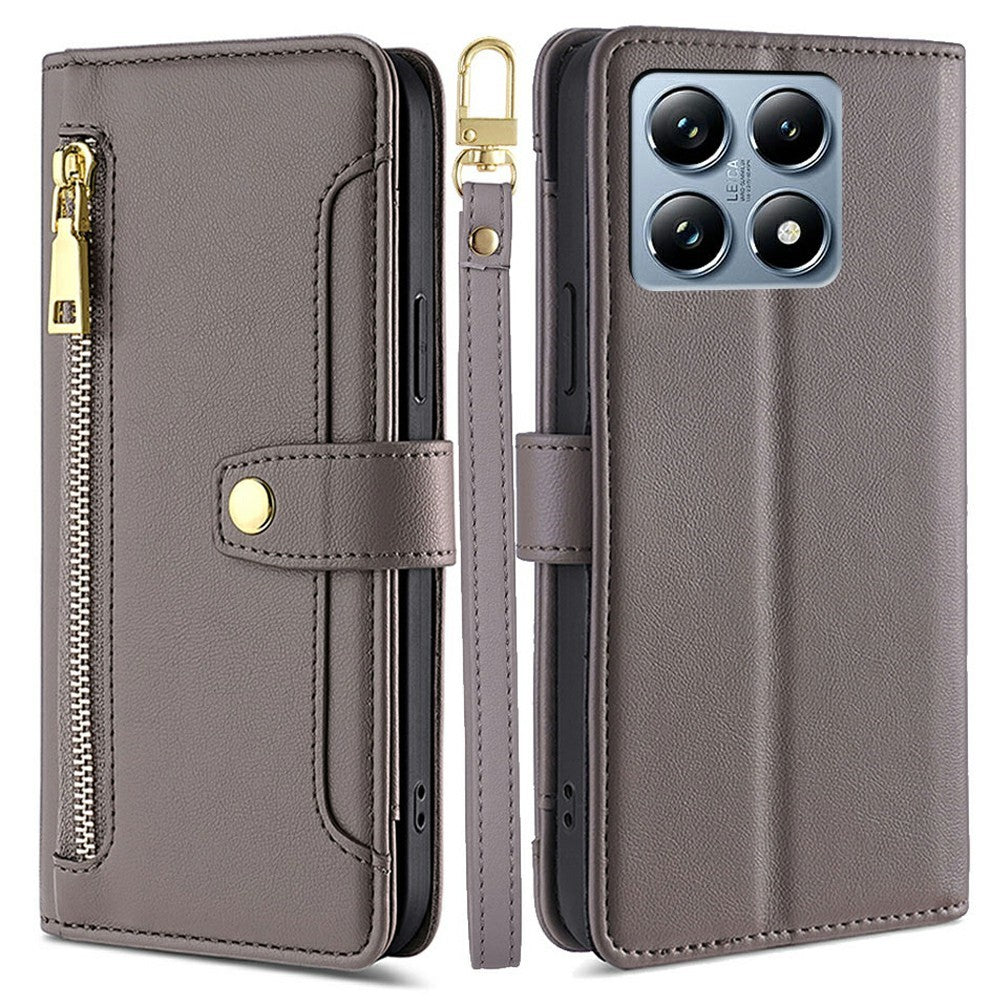 For Xiaomi 14T Pro Leather Case Zipper Pocket Wallet Phone Cover with 2 Straps