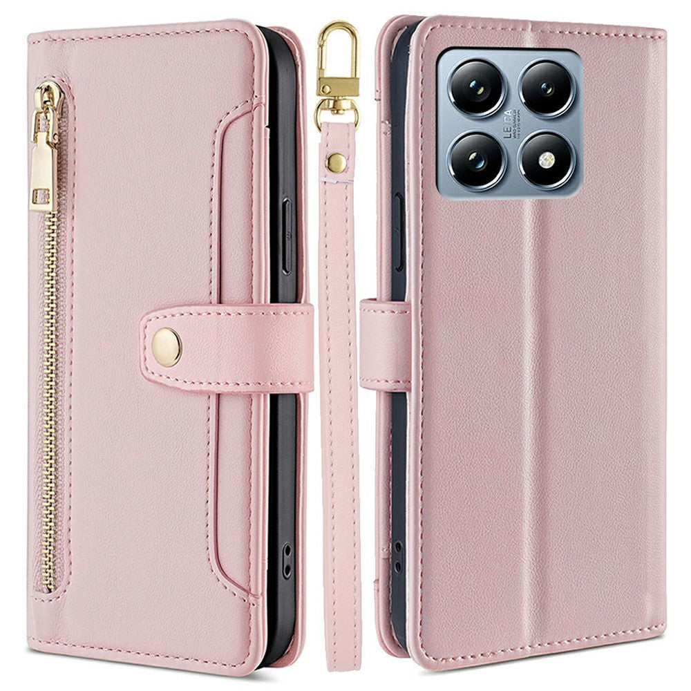 For Xiaomi 14T Pro Leather Case Zipper Pocket Wallet Phone Cover with 2 Straps