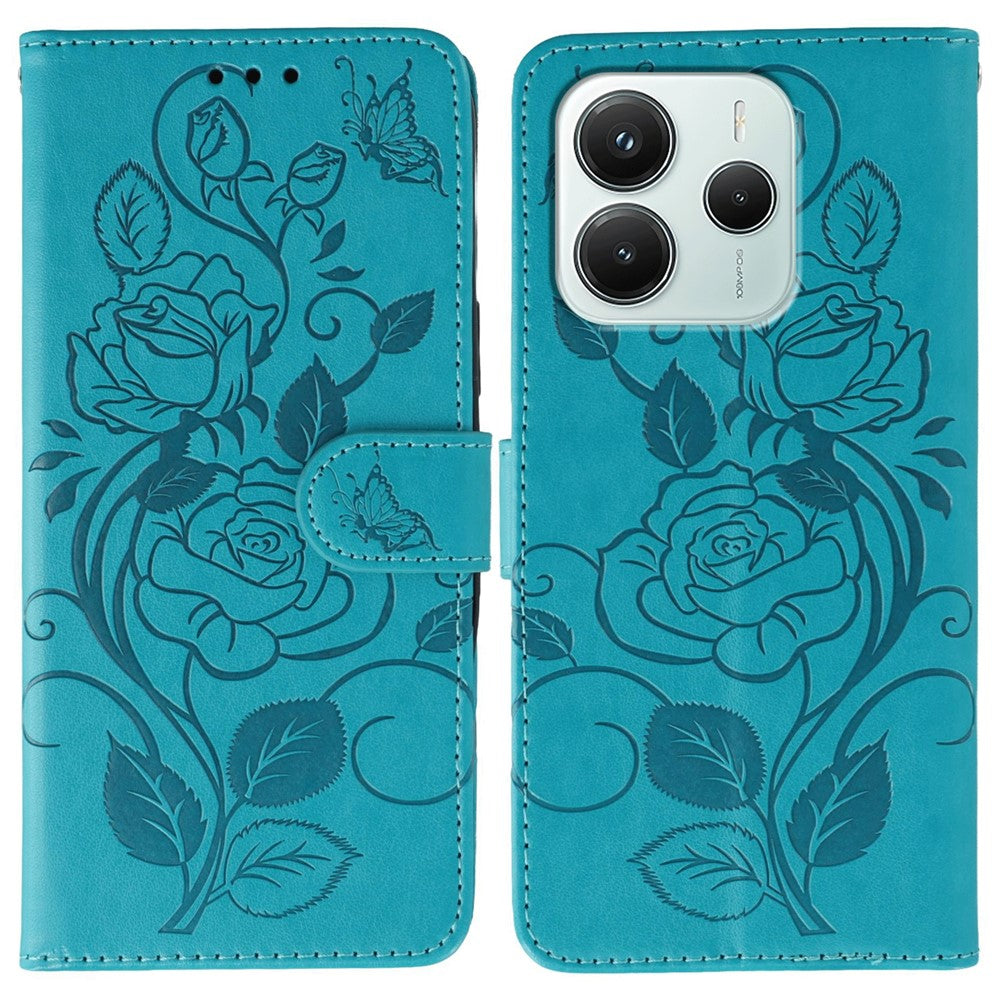 For Xiaomi Redmi Note 14 5G / Poco M7 Pro 5G Case Wallet Stand Imprinted Rose Butterfly PU Leather Phone Cover