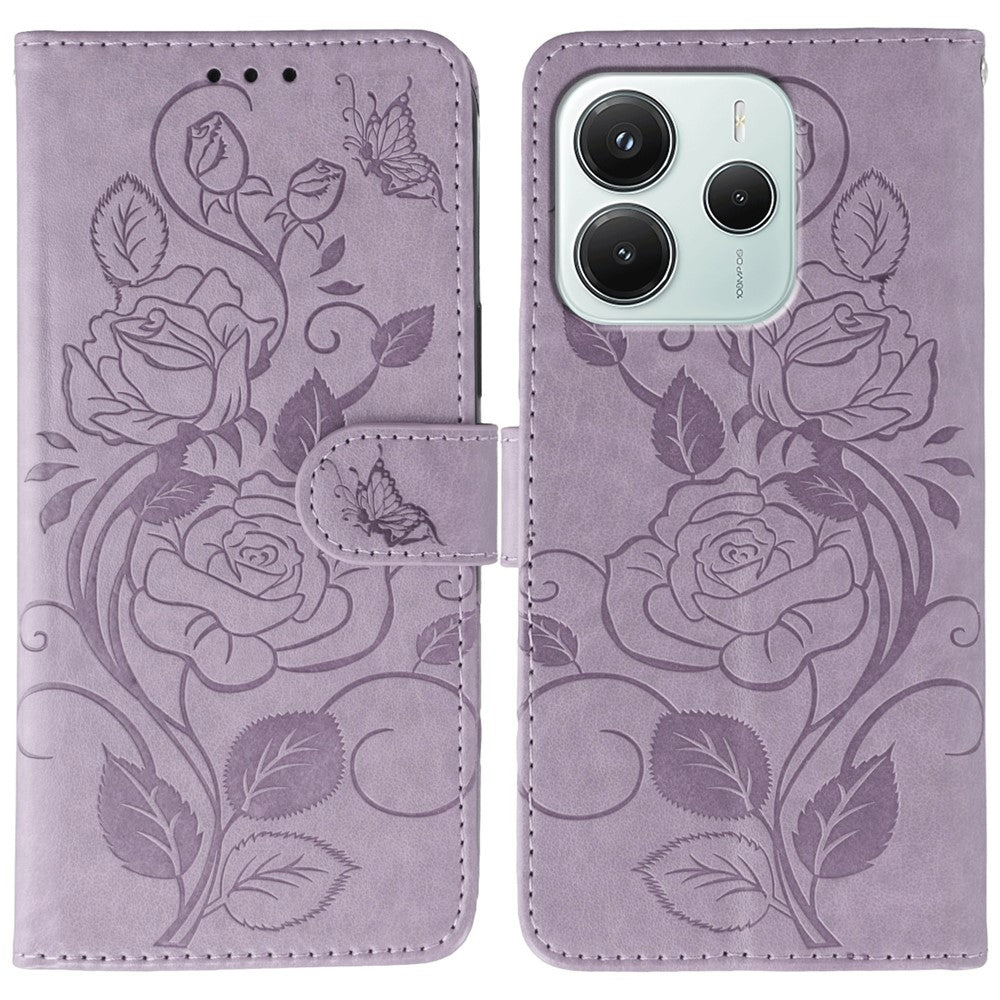For Xiaomi Redmi Note 14 5G / Poco M7 Pro 5G Case Wallet Stand Imprinted Rose Butterfly PU Leather Phone Cover