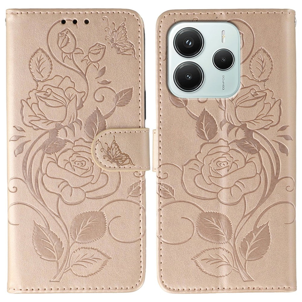 For Xiaomi Redmi Note 14 4G (164.84mm) Case Wallet Stand Imprinted Rose Butterfly PU Leather Phone Cover
