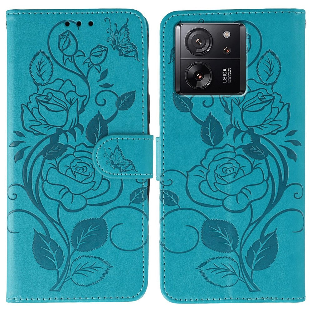 Phone Case For Xiaomi 13T / 13T Pro / Redmi K60 Ultra Wallet Stand Imprinted Rose Butterfly PU Leather Cover