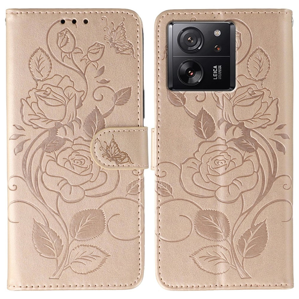 Phone Case For Xiaomi 13T / 13T Pro / Redmi K60 Ultra Wallet Stand Imprinted Rose Butterfly PU Leather Cover