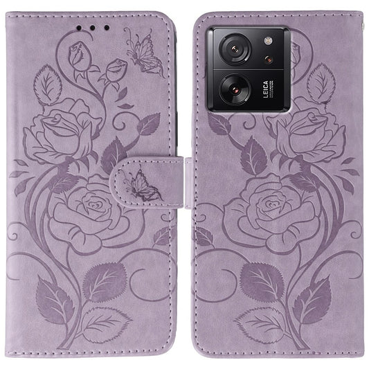 Xiaomi 13T / Xiaomi 13T Pro / Xiaomi Redmi K60 Ultra Wallet-Handyhülle – Phone Case 13T Pro / Redmi K60 Ultra Standfunktion bedruckter Rose Butterfly PU-Lederbezug
