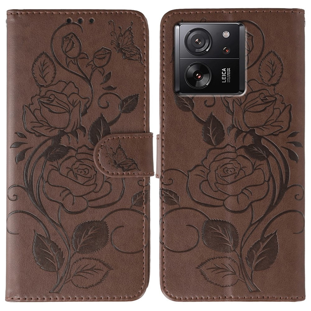 Phone Case For Xiaomi 13T / 13T Pro / Redmi K60 Ultra Wallet Stand Imprinted Rose Butterfly PU Leather Cover