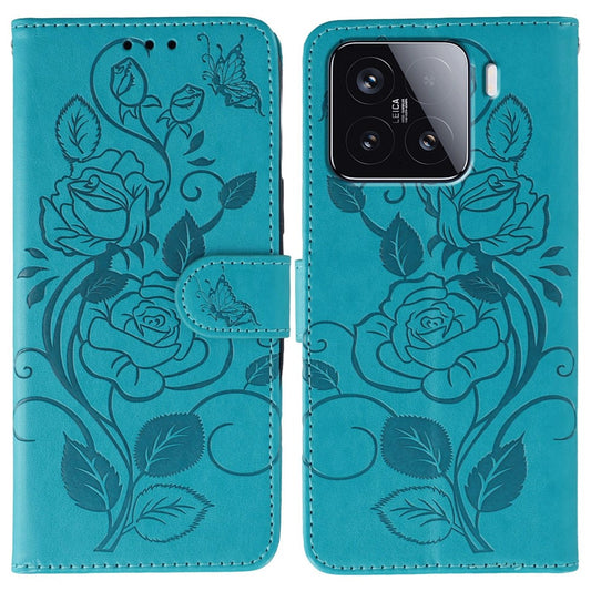 Xiaomi 15 Handyhülle – Brieftaschenständer, bedruckter Rosen-Schmetterling, PU-Leder
