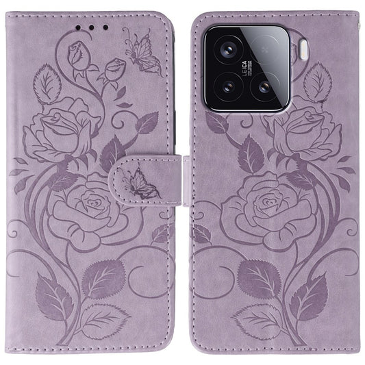 Xiaomi 15 Handyhülle – Brieftaschenständer, bedruckter Rosen-Schmetterling, PU-Leder