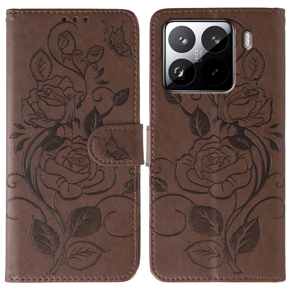 For Xiaomi 15 Pro Case Wallet Stand Imprinted Rose Butterfly PU Leather Phone Cover