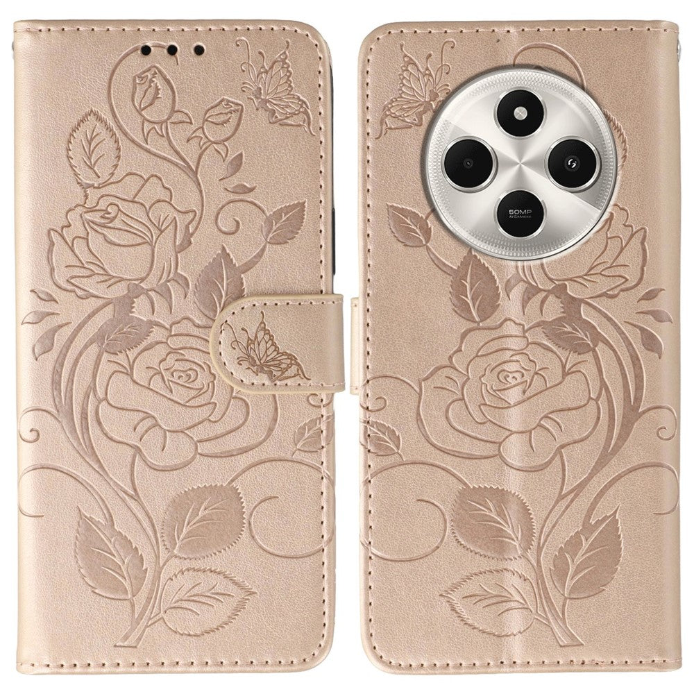 Phone Case For Xiaomi Poco C75 4G / Poco M7 5G  / Redmi 14C 4G / 14R 5G Wallet Stand Imprinted Rose Butterfly PU Leather Cover