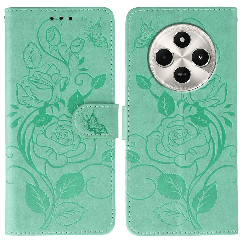 Phone Case For Xiaomi Poco C75 4G / Poco M7 5G  / Redmi 14C 4G / 14R 5G Wallet Stand Imprinted Rose Butterfly PU Leather Cover