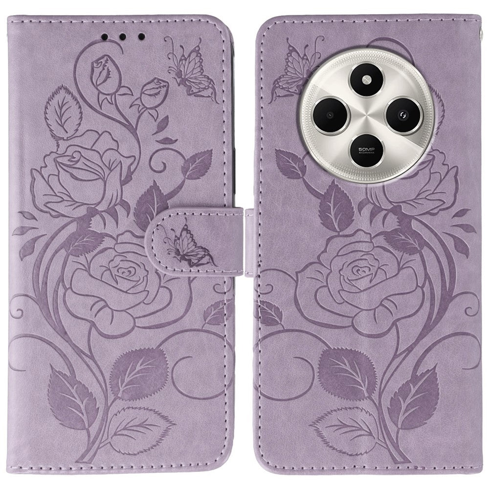 Phone Case For Xiaomi Poco C75 4G / Poco M7 5G  / Redmi 14C 4G / 14R 5G Wallet Stand Imprinted Rose Butterfly PU Leather Cover