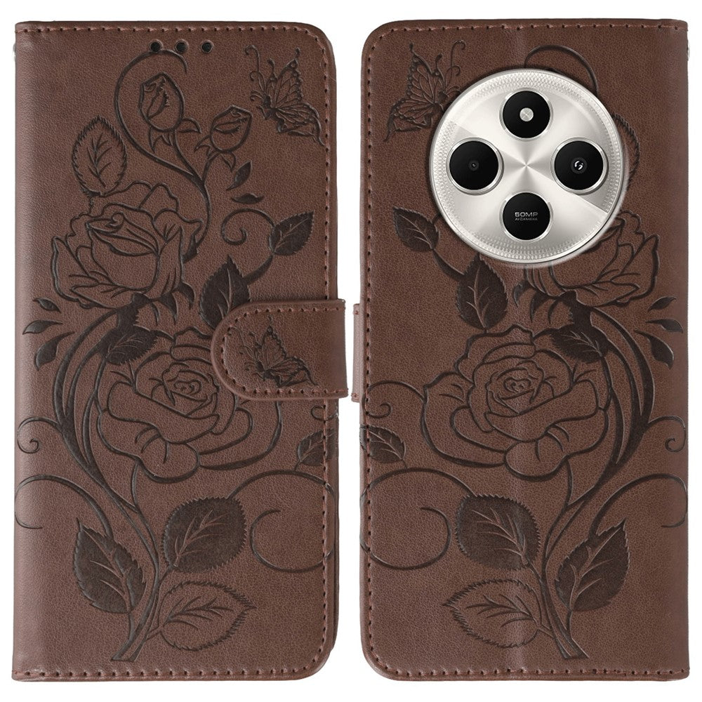 Phone Case For Xiaomi Poco C75 4G / Poco M7 5G  / Redmi 14C 4G / 14R 5G Wallet Stand Imprinted Rose Butterfly PU Leather Cover