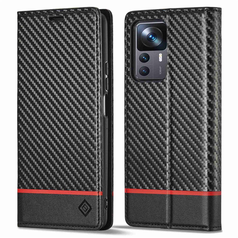 LC.IMEEKE Anti-drop Phone Case for Xiaomi 12T 5G / Redmi K50 Ultra 5G / 12T Pro 5G, Carbon Fiber Texture Wallet Stand Magnetic Auto Closing PU Leather Cell Phone Cover