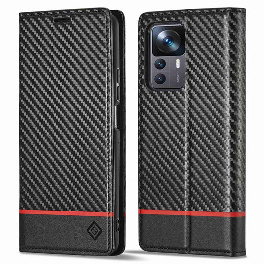 LC.IMEEKE Anti-drop Phone Case for Xiaomi 12T 5G / Redmi K50 Ultra 5G / 12T Pro 5G, Carbon Fiber Texture Wallet Stand Magnetic Auto Closing PU Leather Cell Phone Cover
