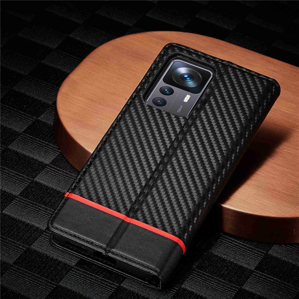 LC.IMEEKE Anti-drop Phone Case for Xiaomi 12T 5G / Redmi K50 Ultra 5G / 12T Pro 5G, Carbon Fiber Texture Wallet Stand Magnetic Auto Closing PU Leather Cell Phone Cover