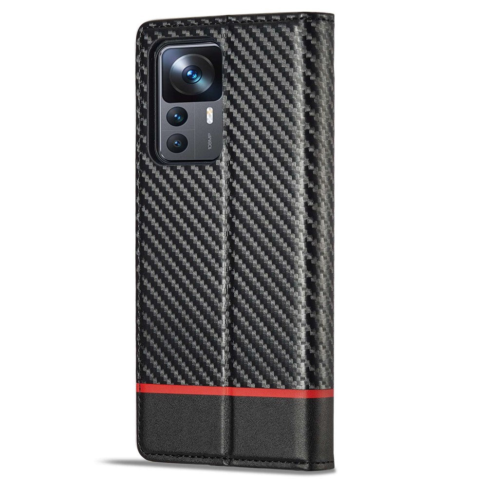 LC.IMEEKE Anti-drop Phone Case for Xiaomi 12T 5G / Redmi K50 Ultra 5G / 12T Pro 5G, Carbon Fiber Texture Wallet Stand Magnetic Auto Closing PU Leather Cell Phone Cover