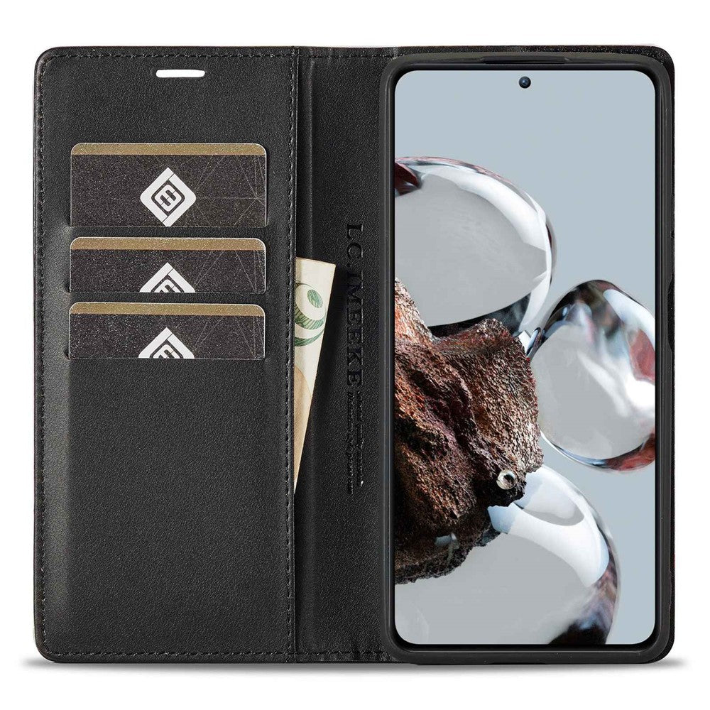 LC.IMEEKE Anti-drop Phone Case for Xiaomi 12T 5G / Redmi K50 Ultra 5G / 12T Pro 5G, Carbon Fiber Texture Wallet Stand Magnetic Auto Closing PU Leather Cell Phone Cover