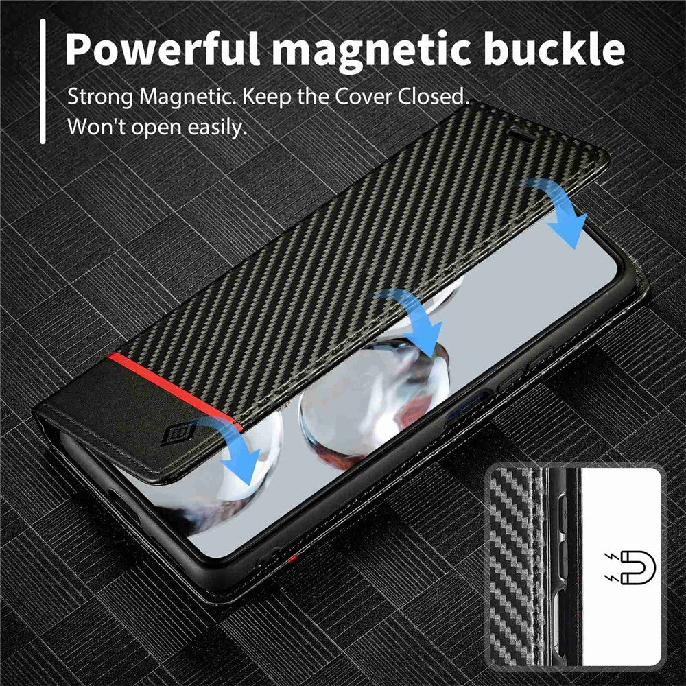 LC.IMEEKE Anti-drop Phone Case for Xiaomi 12T 5G / Redmi K50 Ultra 5G / 12T Pro 5G, Carbon Fiber Texture Wallet Stand Magnetic Auto Closing PU Leather Cell Phone Cover