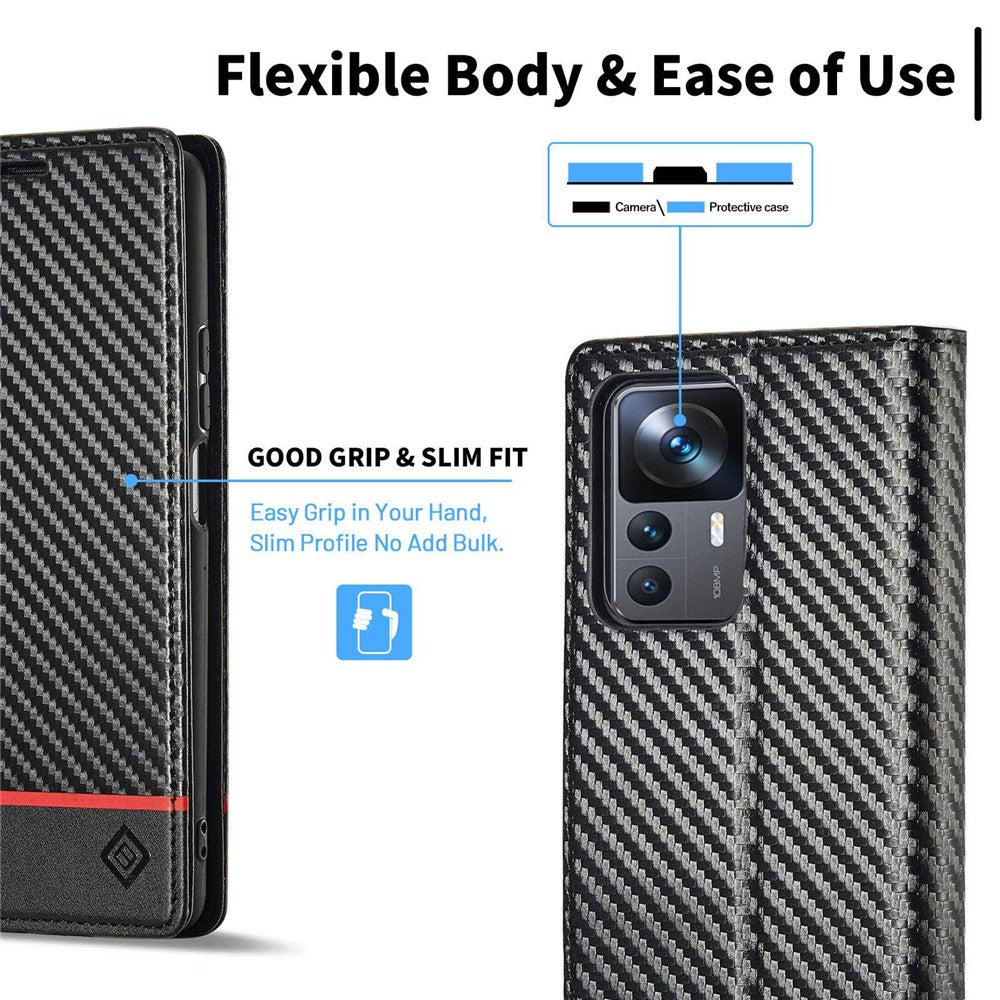 LC.IMEEKE Anti-drop Phone Case for Xiaomi 12T 5G / Redmi K50 Ultra 5G / 12T Pro 5G, Carbon Fiber Texture Wallet Stand Magnetic Auto Closing PU Leather Cell Phone Cover