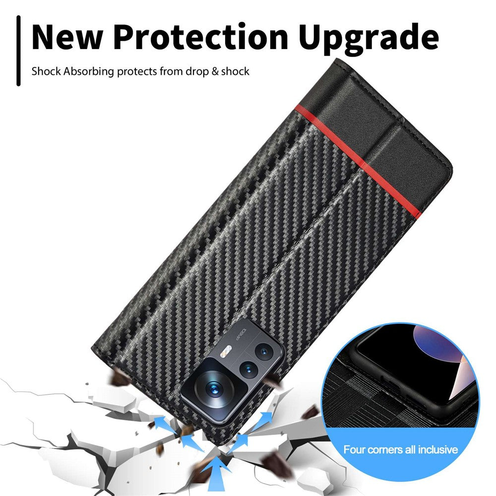 LC.IMEEKE Anti-drop Phone Case for Xiaomi 12T 5G / Redmi K50 Ultra 5G / 12T Pro 5G, Carbon Fiber Texture Wallet Stand Magnetic Auto Closing PU Leather Cell Phone Cover