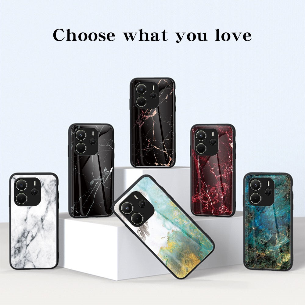 For Xiaomi Redmi Note 14 4G (163.25mm) Case Marble Pattern Tempered Glass + PC + TPU Protective Phone Cover