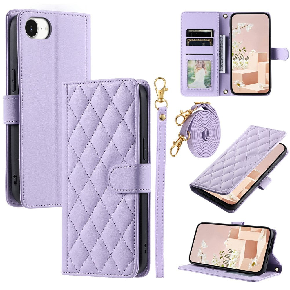 iPhone 16e Wallet-Hülle – Rautenmuster mit Geldbörsenfunktion & Riemen