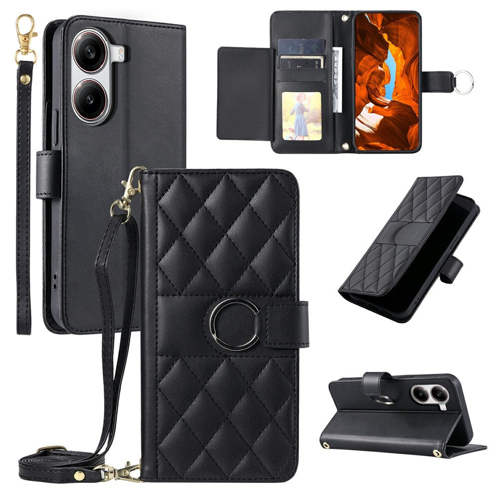 For Xiaomi Poco X7 Pro 5G  /  Redmi Turbo 4 5G Crossbody Leather Case Ring Buckle Wallet Stand Rhombus Mobile Cover