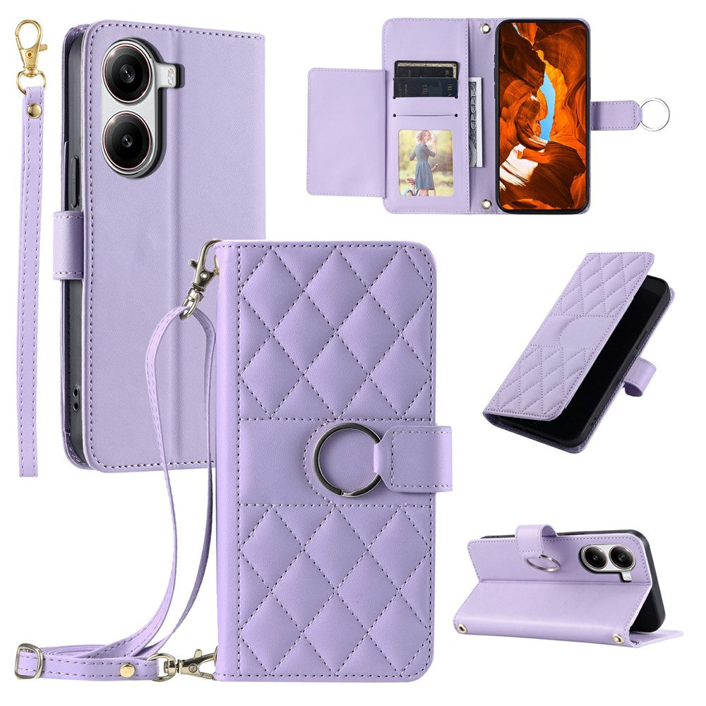 For Xiaomi Poco X7 Pro 5G  /  Redmi Turbo 4 5G Crossbody Leather Case Ring Buckle Wallet Stand Rhombus Mobile Cover