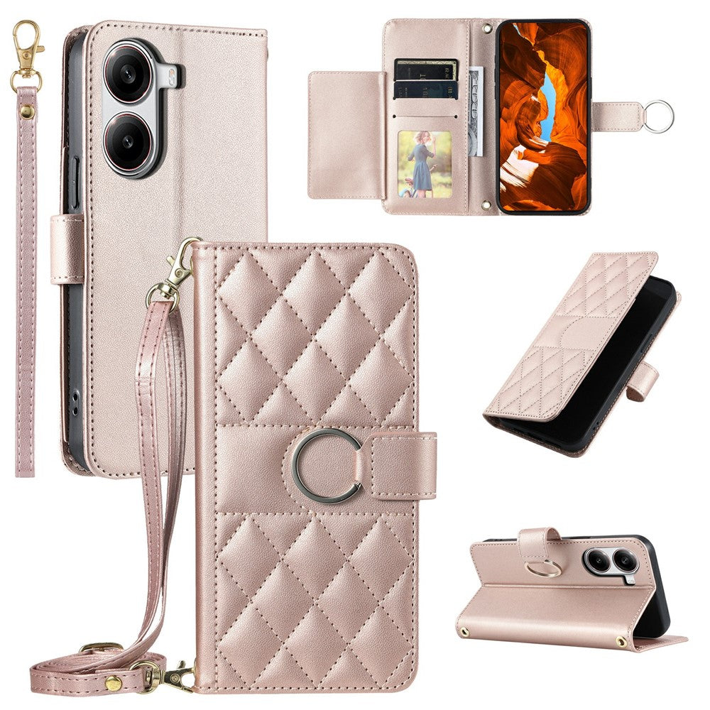 For Xiaomi Poco X7 Pro 5G  /  Redmi Turbo 4 5G Crossbody Leather Case Ring Buckle Wallet Stand Rhombus Mobile Cover