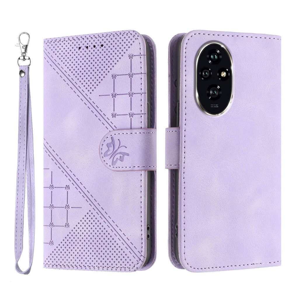 For Honor 200 Pro 5G Leather Wallet Case Butterfly Flower Imprinted Phone Cover with Strap