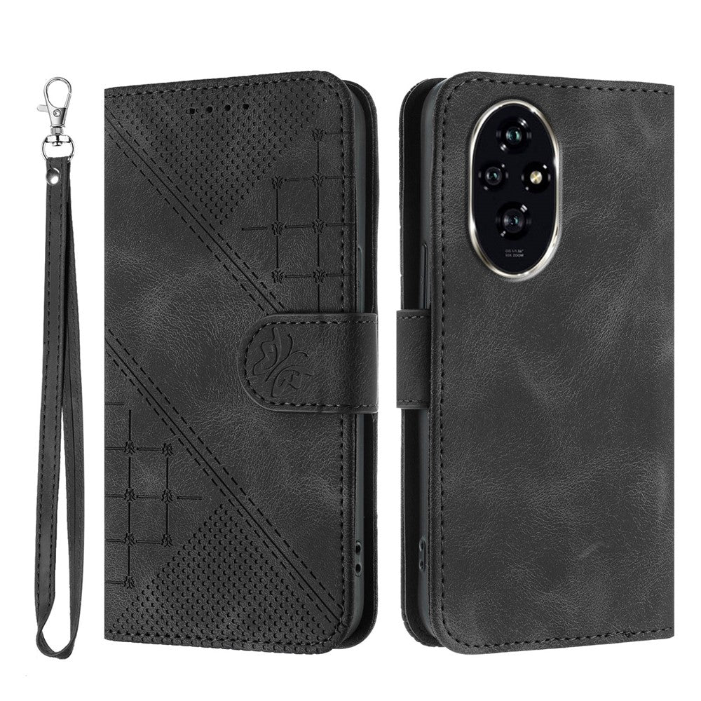 For Honor 200 5G Leather Wallet Case Butterfly Flower Imprinted Phone Cover with Strap