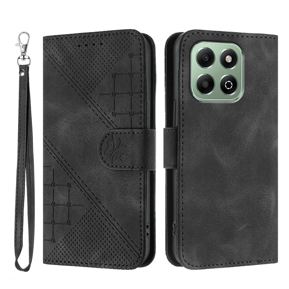 For Honor X6a 4G / Honor X6b 4G Leather Wallet Case Butterfly Flower Imprinted Phone Cover with Strap