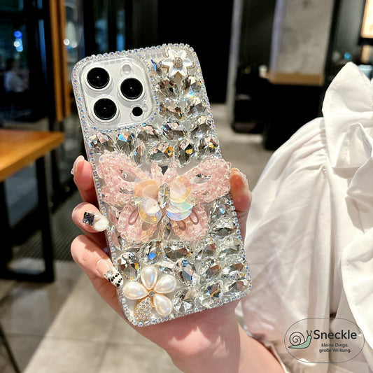 iPhone 15 Pro Hülle mit Schmetterlingsmuster & Strass-Steinen