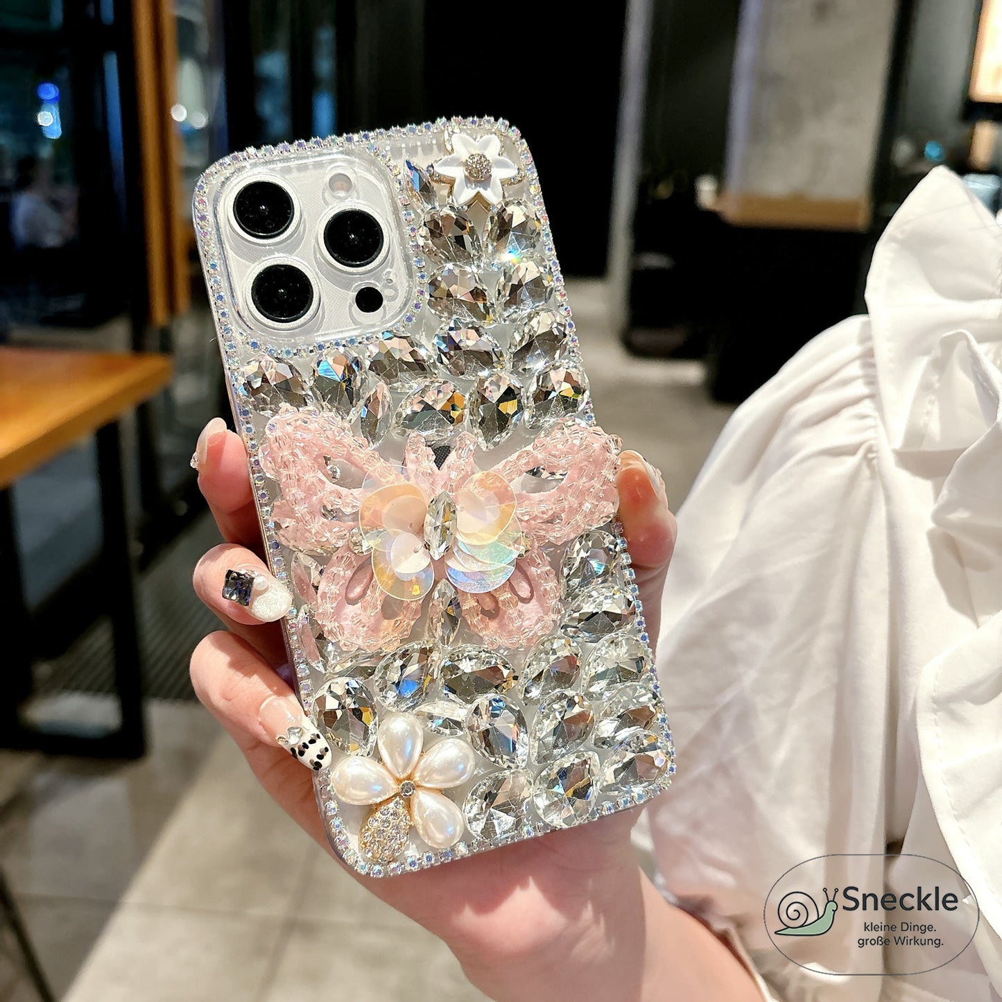 iPhone 15 Pro Max Hülle mit Schmetterlingsmuster & Strass-Steinen