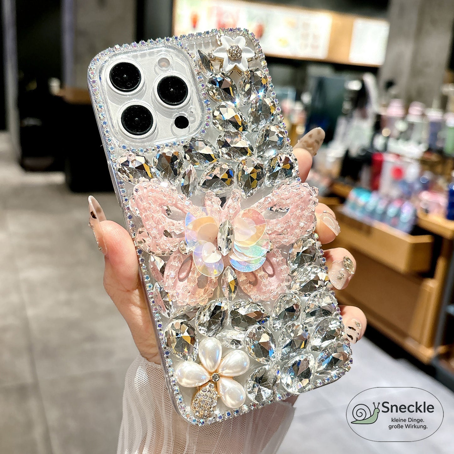 iPhone 16 Pro Max Hülle mit Schmetterlingsmuster & Strass-Steinen
