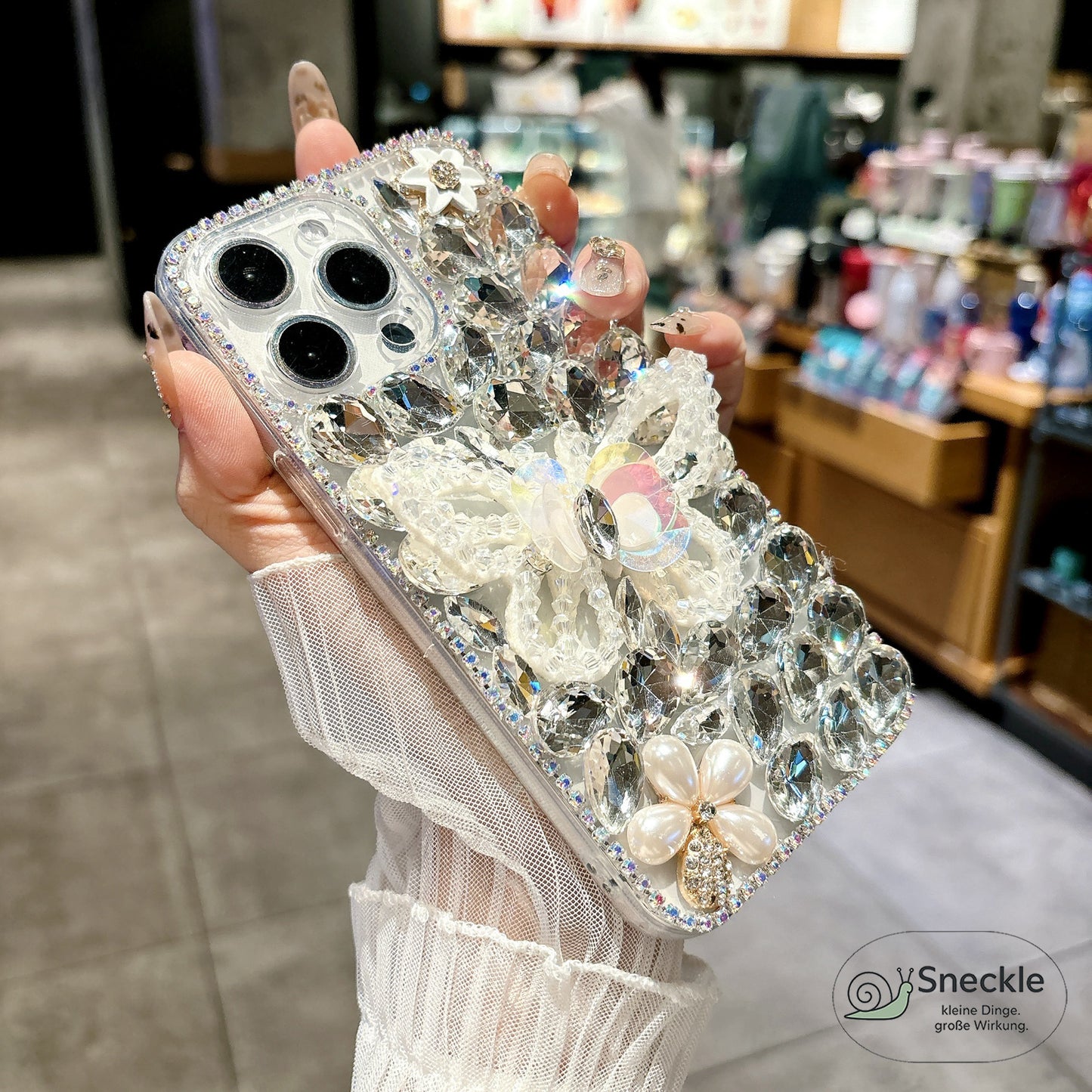 iPhone 16 Pro Max Hülle mit Schmetterlingsmuster & Strass-Steinen