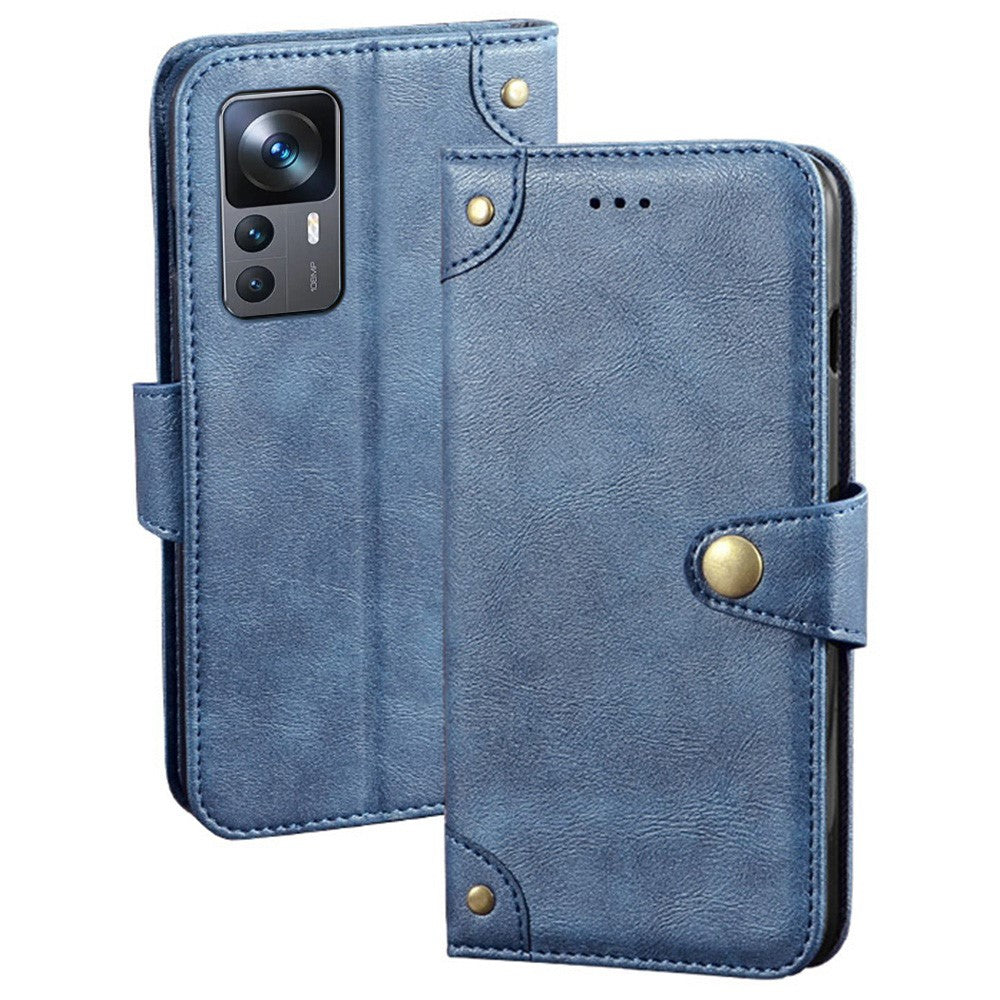 IDEWEI Cell Phone Cover For Xiaomi 12T 5G / Redmi K50 Ultra 5G Anti-drop Phone Case with Gold Button Decor Fine Texture PU Leather Wallet Stand