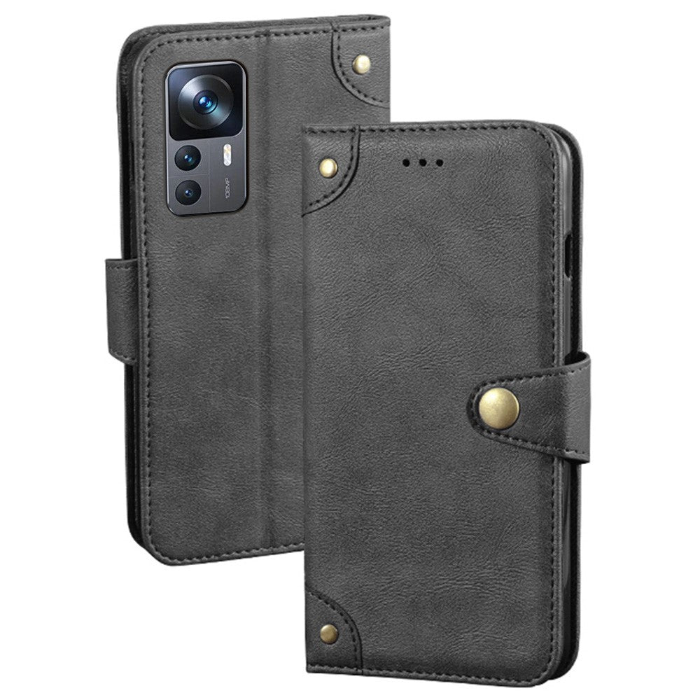 IDEWEI Cell Phone Cover For Xiaomi 12T 5G / Redmi K50 Ultra 5G Anti-drop Phone Case with Gold Button Decor Fine Texture PU Leather Wallet Stand