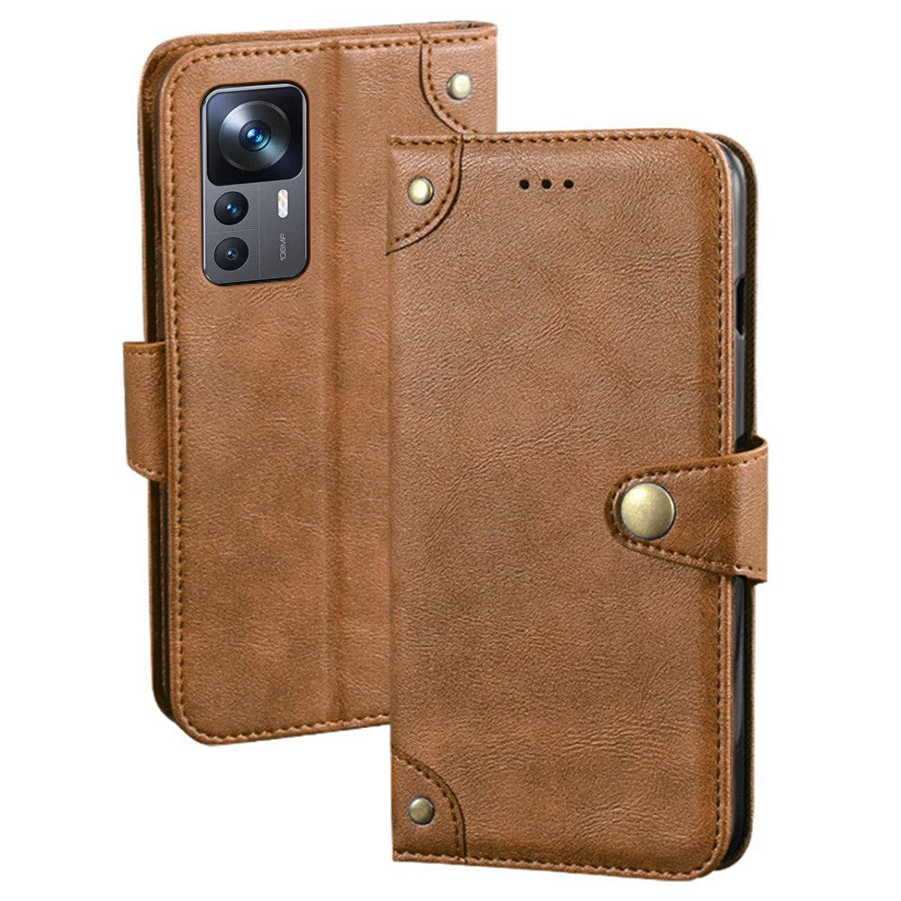 IDEWEI Cell Phone Cover For Xiaomi 12T 5G / Redmi K50 Ultra 5G Anti-drop Phone Case with Gold Button Decor Fine Texture PU Leather Wallet Stand
