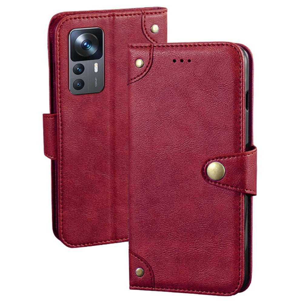 IDEWEI Cell Phone Cover For Xiaomi 12T 5G / Redmi K50 Ultra 5G Anti-drop Phone Case with Gold Button Decor Fine Texture PU Leather Wallet Stand