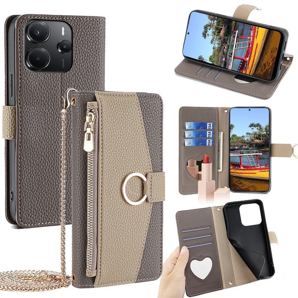For Xiaomi Redmi Note 14 4G (164.84mm) Case Mirror Wallet Leather Phone Cover with Chain Shoulder Strap